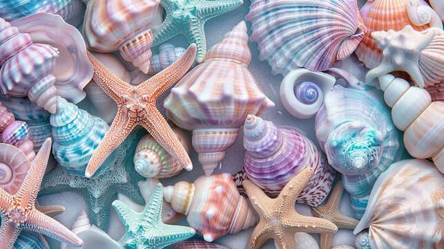 abstract background of pastel colored starfish and seashells