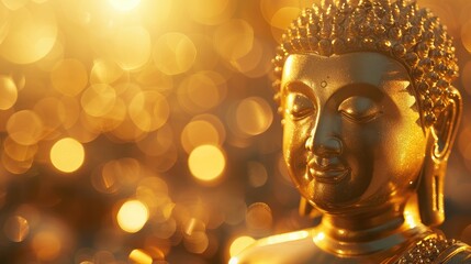 radiant golden Buddha statue set against a dreamy bokeh backdrop, celebrating Magha Bucha Day