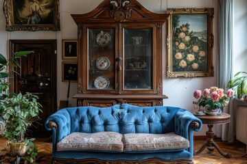 Real photo of an antique cabinet with porcelain decorations, paintings with roses and blue sofa in a living room interior