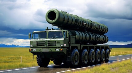 Military launcher with a missile ready for transportation and launch. Concept: military technologies and conflicts of countries