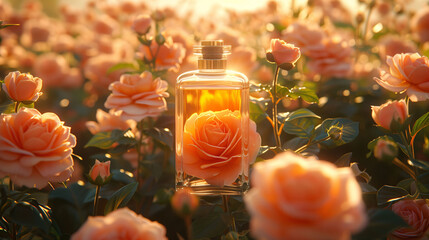 A glass perfume bottle with a rose inside, surrounded by blooming roses in a garden during sunset.