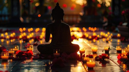 serene shadow of a Buddha statue against a temple background during Visakha Bucha Day celebrations, with devotees offering candles and flowers