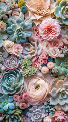 abstract background of pastel colored succulents and flowers