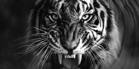 Close-up of the head of an aggressive tiger ready to attack. Wild animal in monochrome style. Scalp of a snarling animal