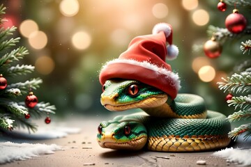 New Year snake with gifts under the Christmas tree, New Year card