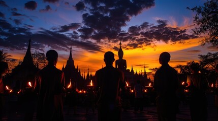 temple's silhouette against the evening sky, with worshippers carrying candles on Magha Bucha Day