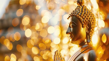 The serene golden Buddha statue, with a sparkling bokeh background, celebrating Visakha Bucha Day