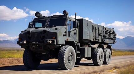 A military truck against the background of an explosion, moving along a dusty road.
Concept: Military operations, equipment, combat operations, the power and strength of the army, transportation of eq