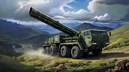 Military launcher with a missile ready for transportation and launch. Concept: military technologies and conflicts of countries