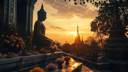 The silhouette of a Buddha statue on a temple's stone steps, with offerings of food and flowers for Visakha Bucha Day - Powered by Adobe
