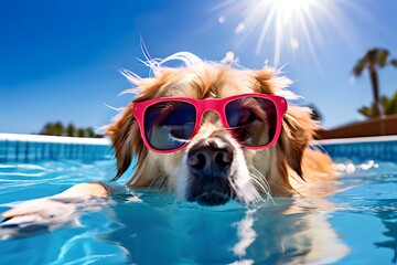 A trendy dog with sunglasses lounging in a crystal-clear pool