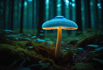 Fototapeta premium Explore the enchanting world of nature with a vibrant glowing bioluminescent mushroom that emits light and standing tall in a dense dark forest