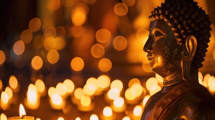 The soft glow of candles flickering in front of a Buddha statue during the peaceful night of Visakha Bucha Day