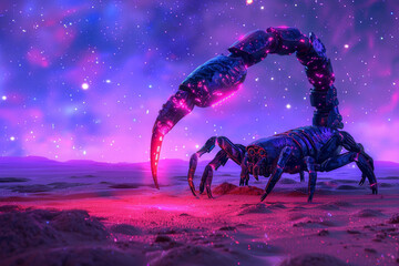 Zodiac sign Scorpio as a scorpion made of dark nebulae with a neon red stinger against neon purple space, astrological design astrology horoscope symbol of October November month background. 