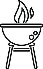 Simplistic black and white line art of a barbecue grill with flame, ideal for icons and logos