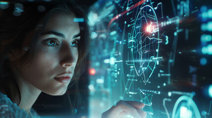 Woman managing data through advanced holographic interface