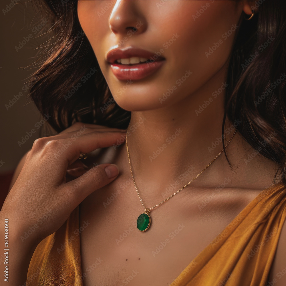 Wall mural a woman wearing a green necklace with a gold chain