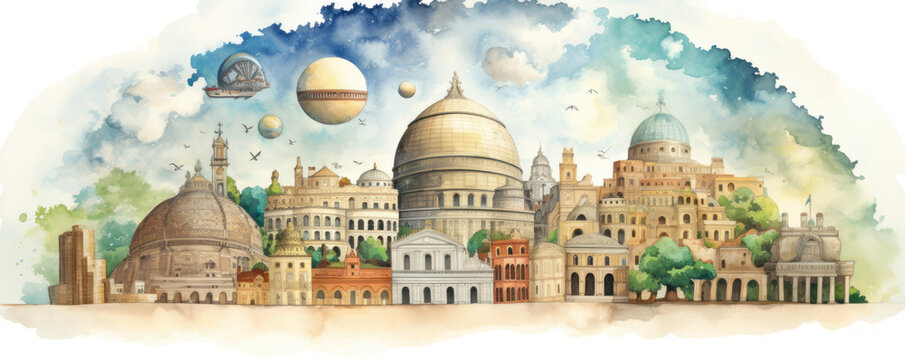The image is a watercolor painting of a cityscape