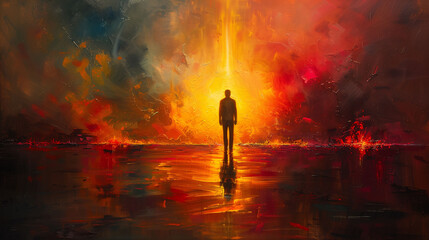 A solitary figure stands in a surreal, fiery landscape with vibrant colors and abstract patterns. The scene is dramatic and intense, with a sense of mystery and contemplation.