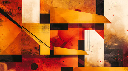 A painting with a lot of orange and black shapes