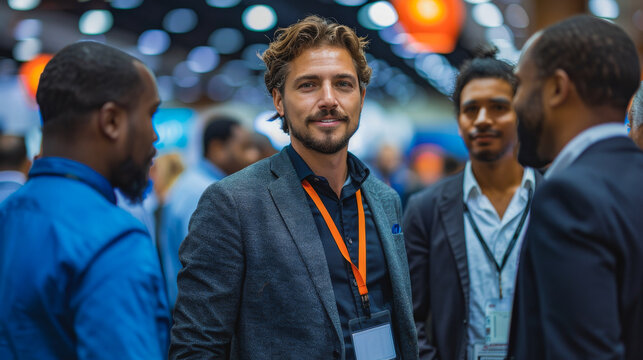 A man in a suit is smiling at a group of people