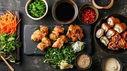 Close-up top view of ingredients Shirauo Karaage, Japanese food
