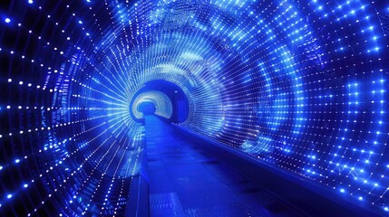 Fototapeta premium vibrant blue LED light tunnel, with intricate patterns and glowing pathways leading into the distance