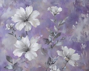 Matisse Style White and Silver Flowers on Lavender Background Gen AI