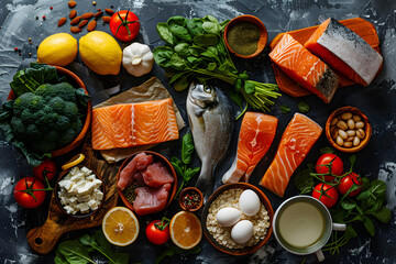 Keto diet on chalkboard,refreshing concept of low carb foods; Eggs, fish, lemons, tomatoes, apples, carrots and broccoli.High quality photo