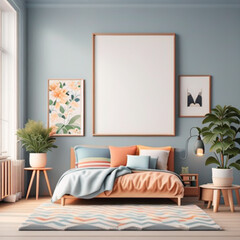 mock up poster frame in children bedroom, Scandinavian style interior background, 3D render, 3D illustration