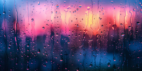 condensation and raindrops on a window. pink purple sunset blur.