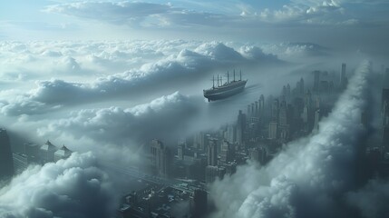 Dazzling Silver Cirrocumulus Clouds Outlining a Large Ship Sailing Over a City Submerged in Fog