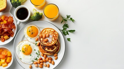 Full American breakfast including sunny-side fried eggs, roasted bacon, hash browns, pancakes, toast, orange juice, and coffee on a white background with space for text, top view