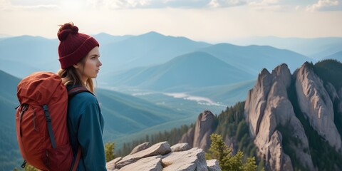 A young Caucasian woman standing on a rocky cliff overlooking a mountainous landscape