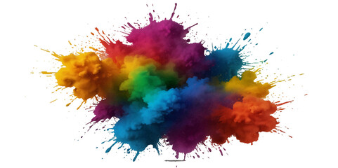 Multicolored rainbow explosion of cloud powder paint holi decoration isolated on transparent background. Vector abstract colorful rainbow holi paint festival background.