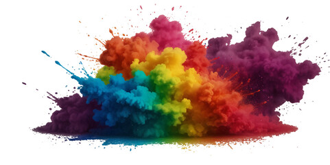 Colorful smoke rainbow painted holi fog festival background. Colorful rainbow paint color smoke cloud explosion isolated on transparent background.