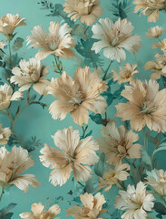 Abstract 3D Render of Matisse-Inspired Beige and Mint Flowers on Cyan Background Gen AI