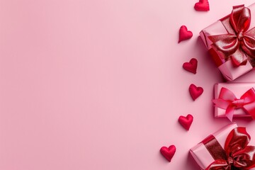 Flatlay view of pink background with red hearts and gift boxes in minimalist style with copy space, negative spaces, high resolution and fine details on white background.