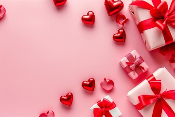 flatlay view of pink background with red hearts and gift boxes, minimalistic with copy space, negative spaces, high resolution photography, insanely detailed and fine details, isolated on white