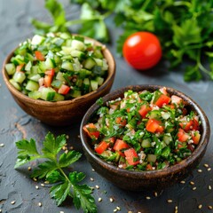Collection of two tabouli salads with parsley and bulgur