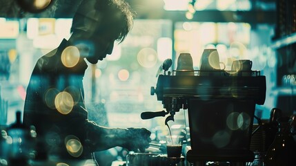 A barista stands at the espresso machine, pulling a shot of espresso. The rich aroma of coffee fills the air.