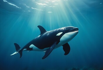 An orca swimming underwater in a blue-green ocean environment