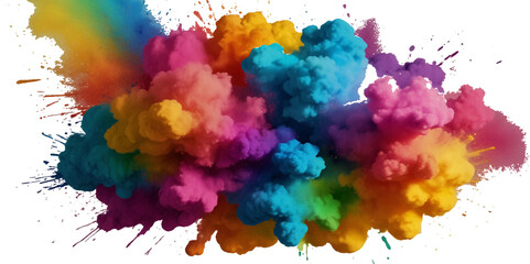 Colorful smoke rainbow painted holi fog festival background. Colorful rainbow paint color smoke cloud explosion isolated on transparent background.