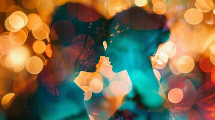 A couple is standing in front of a blurred background of lights. The man and woman are facing each other. The man is taller than the woman