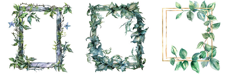 Watercolor botanical frames with transparent background, invitations
