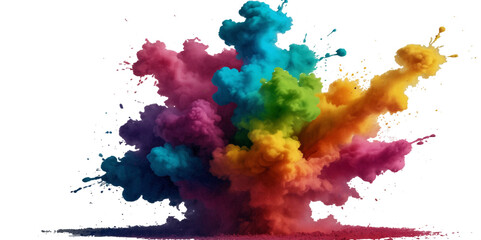 Colorful smoke rainbow painted holi fog festival background. Colorful rainbow paint color smoke cloud explosion isolated on transparent background.