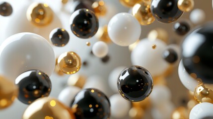 3D rendering of abstract spheres and solids in gold, white, and black