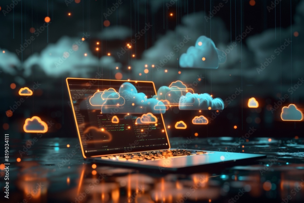 Fototapete a laptop on an office desk surrounded by glowing cloud icons floating in the air, symbolizing digita
