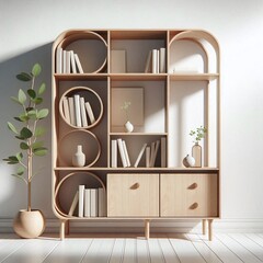 Modern Wooden Bookshelf with Decorative Items