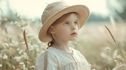 portrait of a little girl dressed in stylish linen clothes in daylight